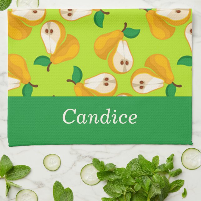 Custom name orange pears on green tea towel (Folded)