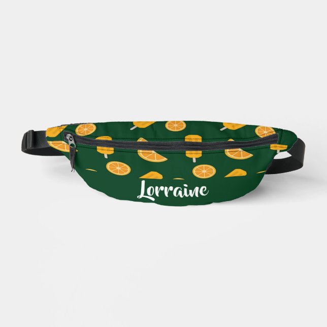 Custom name orange slices and ice cream green bum bags (Front)