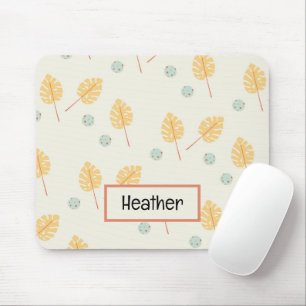 Custom name orange tropical leaves cream mouse pad