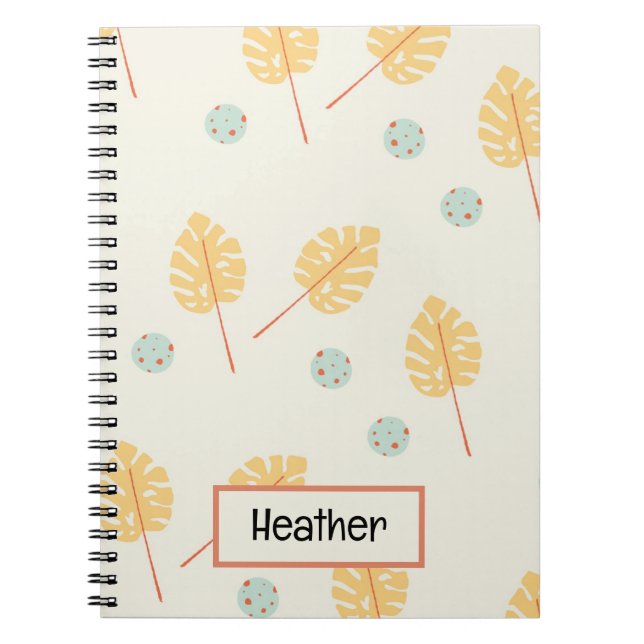 Custom name orange tropical leaves cream notebook (Front)