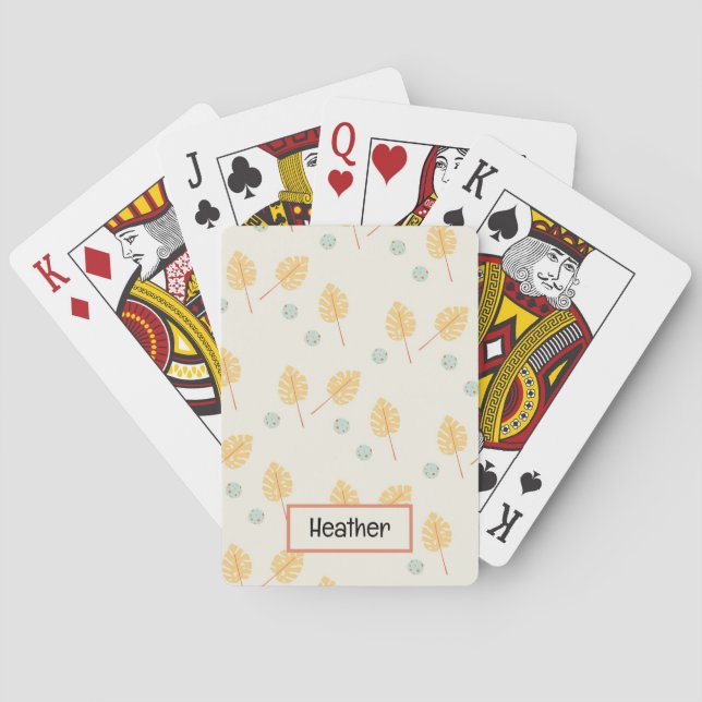 Custom name orange tropical leaves cream playing cards (Back)