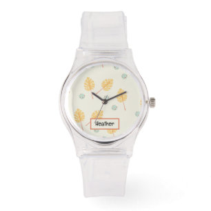 Custom name orange tropical leaves cream watch