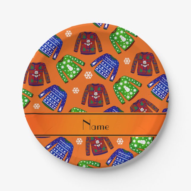 Custom name orange ugly christmas sweater pattern paper plate (Front)