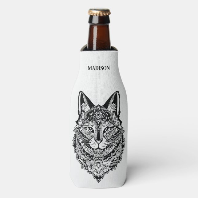 Custom Name Ornamental Cat Bottle Cooler (Bottle Front)