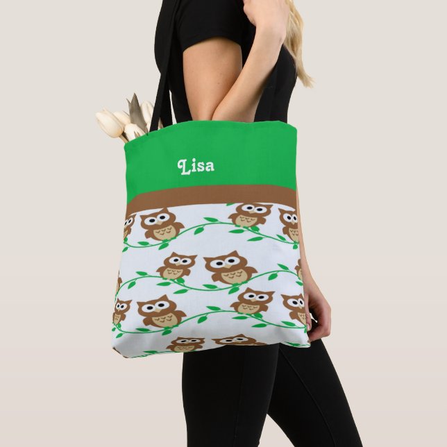 Custom name owls patterned tote bag (Close Up)