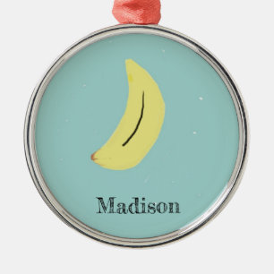 Custom name painted banana on blue metal tree decoration