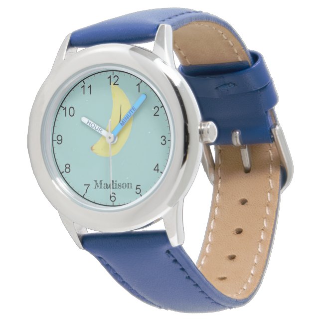 Custom name painted banana on blue watch (Angled)