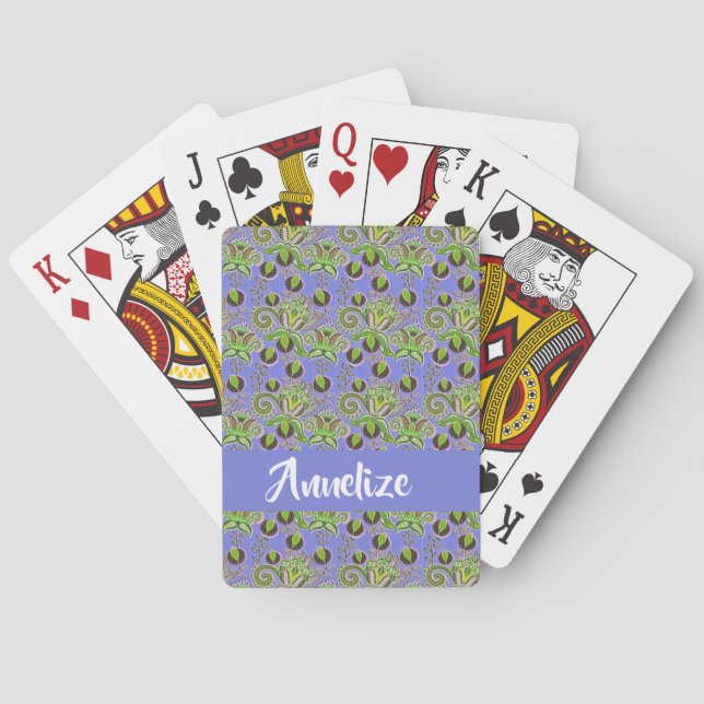 Custom name paisley leaves blue playing cards (Back)