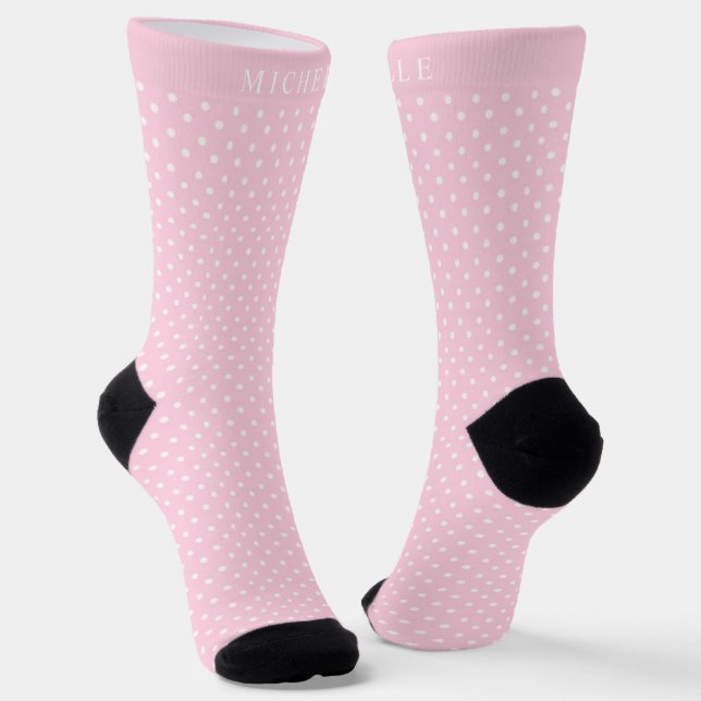 Custom Name Pale Blush Pink White Polka Dot Socks (Angled)