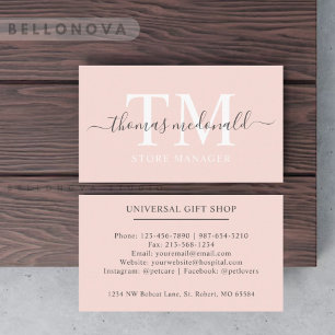 Custom Name Pale Peach Pink White Black Monogram Business Card