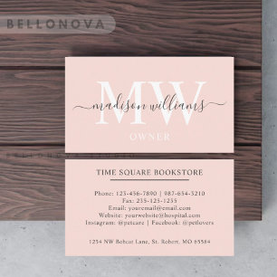 Custom Name Pale Peach Pink White Black Monogram Business Card