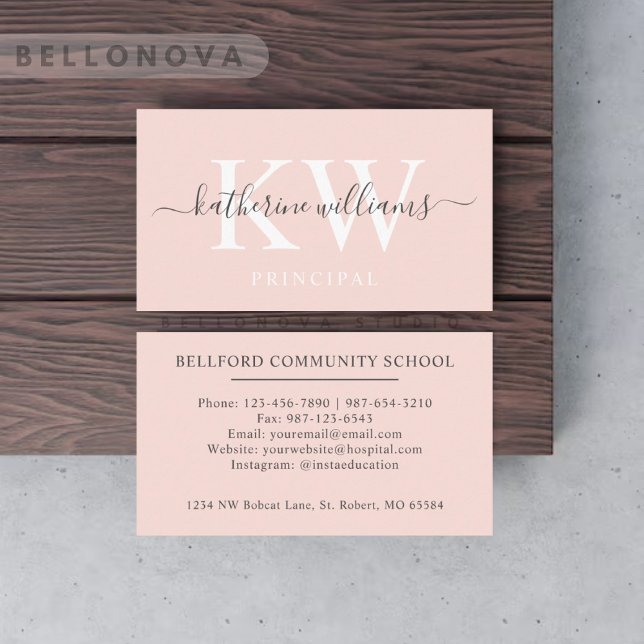 Custom Name Pale Peach Pink White Black Monogram Business Card (Custom Name Pale Peach Pink White Black Monogram Business Card)