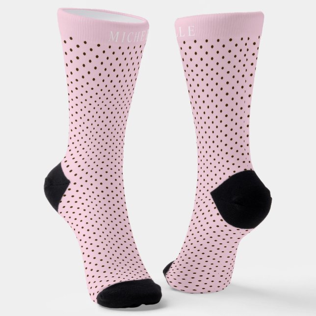 Custom Name Pale Pink Soft Rose Brown Polka Dot Socks (Angled)