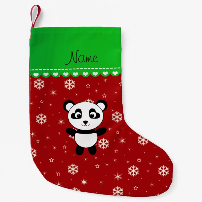 Custom name panda red snowflakes green stripe small christmas stocking (Front)