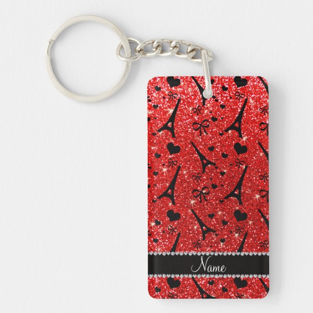 Custom name paris eiffek tower neon red glitter key ring (Front)