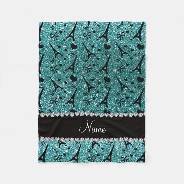 Custom name paris eiffel tower turquoise glitter fleece blanket (Front)