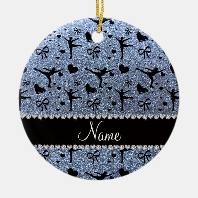 Custom name pastel blue glitter figure skating ceramic tree decoration (Front)