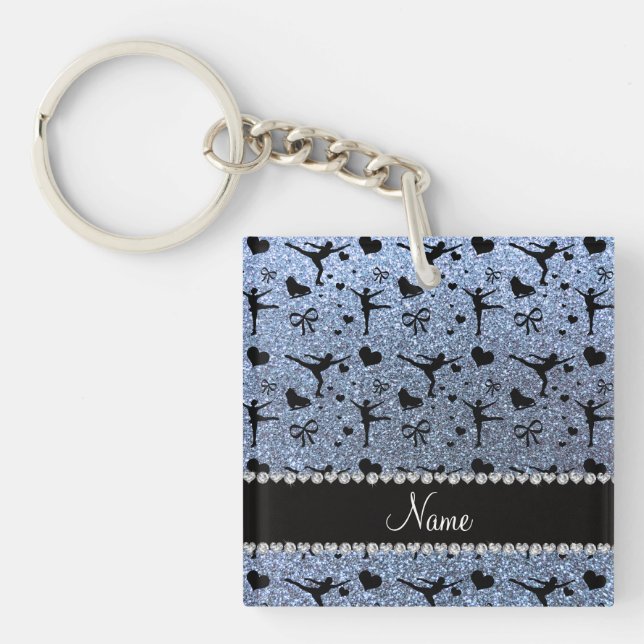 Custom name pastel blue glitter figure skating key ring (Front)