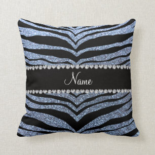 Custom name pastel blue glitter tiger stripes cushion