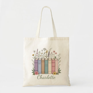 Custom Name Pastel Book Spines Wildflower Art Tote Bag