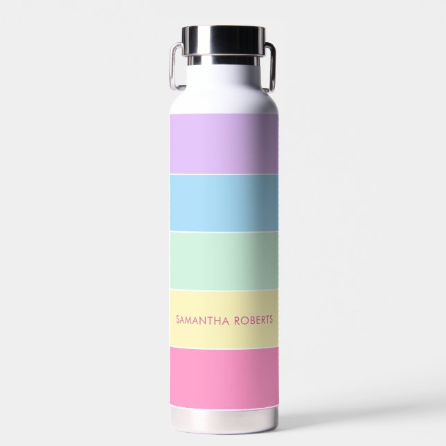 Custom Name Pastel Colors Horizontal Stripes  Water Bottle (Front)