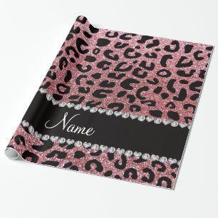 Custom name pastel pink glitter cheetah print wrapping paper