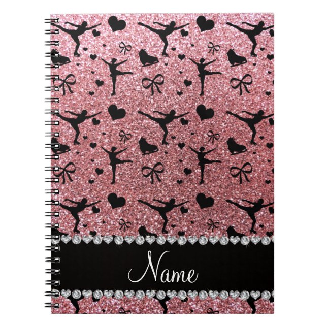 Custom name pastel pink glitter figure skating spiral notebook (Front)