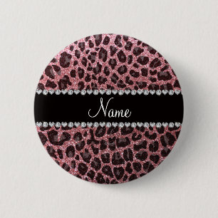 Custom name pastel pink glitter leopard print 6 cm round badge