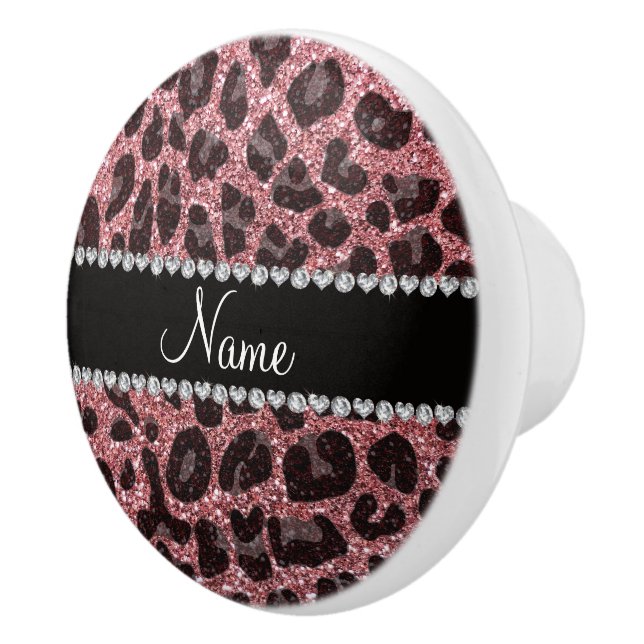 Custom name pastel pink glitter leopard print ceramic knob (Right)