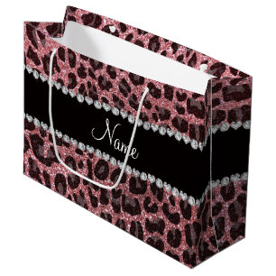 Custom name pastel pink glitter leopard print large gift bag