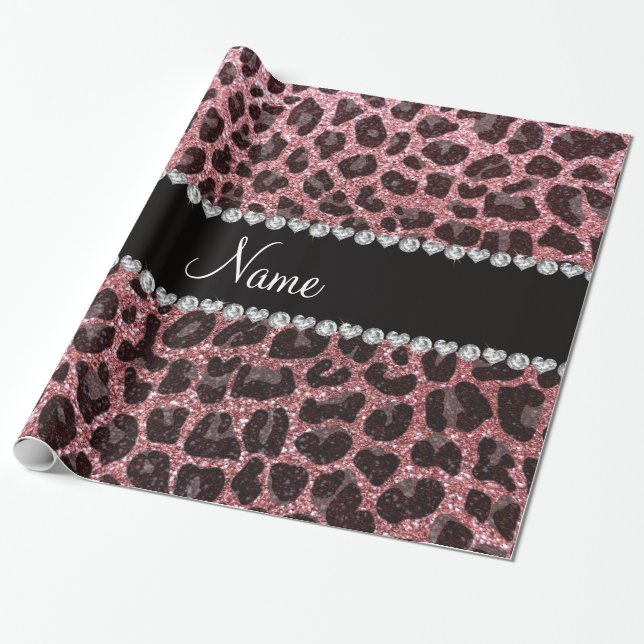 Custom name pastel pink glitter leopard print wrapping paper (Unrolled)
