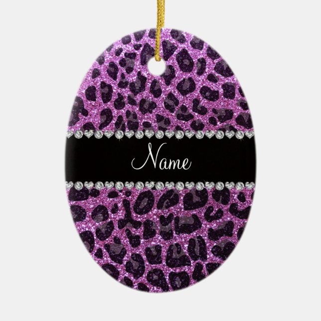 Custom name pastel purple glitter leopard print ceramic tree decoration (Front)