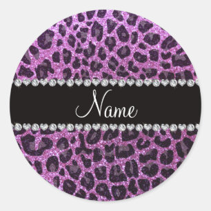 Custom name pastel purple glitter leopard print classic round sticker