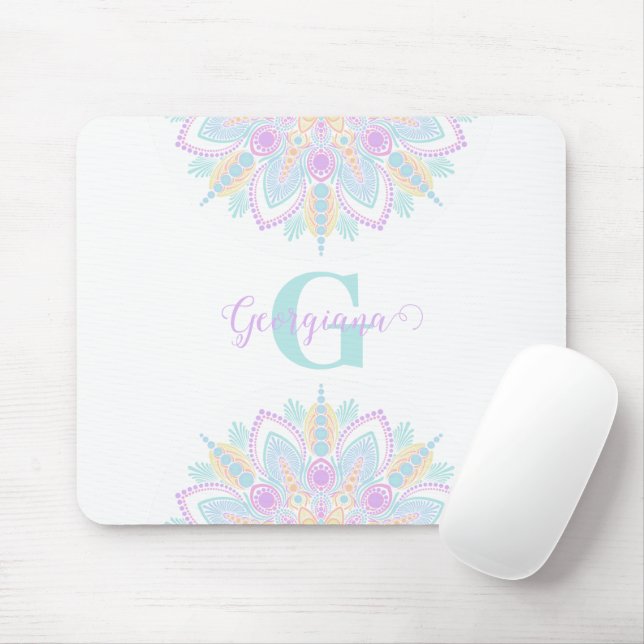 Custom Name Pastel Rainbow Floral Sundae Mandala Mouse Pad (With Mouse)