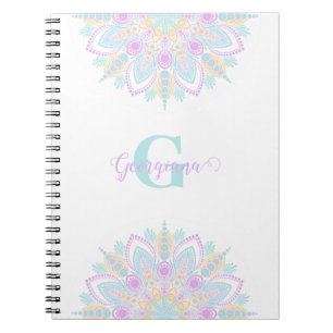 Custom Name Pastel Rainbow Floral Sundae Mandala Notebook