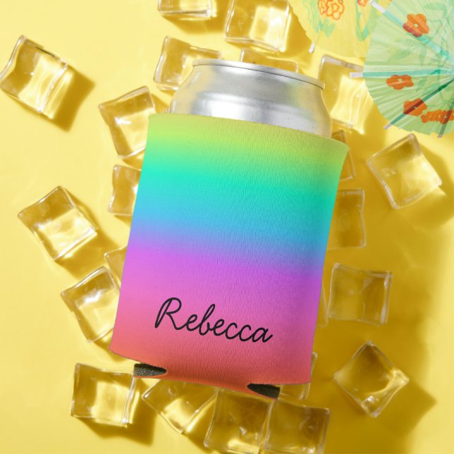 Custom Name Pastel Rainbow Pride Can Cooler (In Situ Summer)