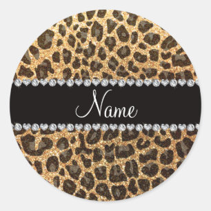 Custom name pastel yellow glitter leopard print classic round sticker