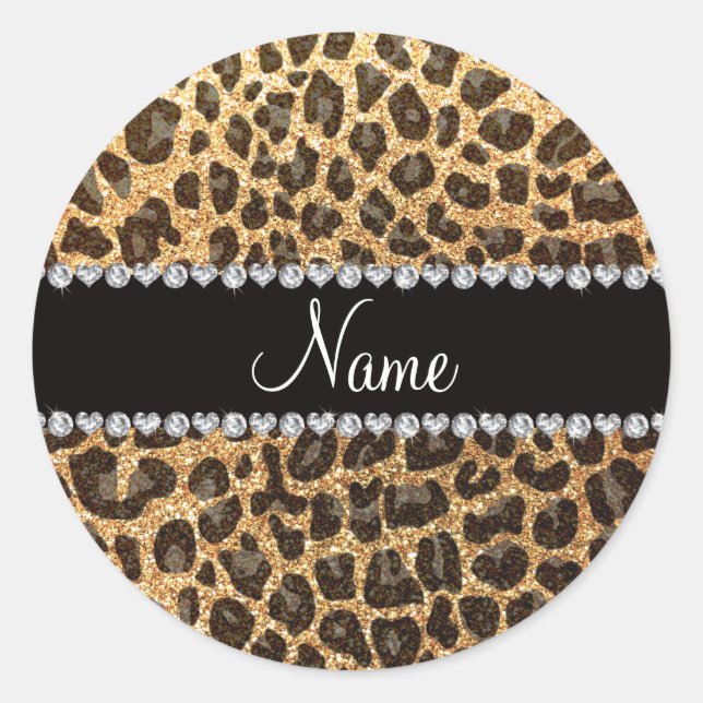 Custom name pastel yellow glitter leopard print classic round sticker (Front)