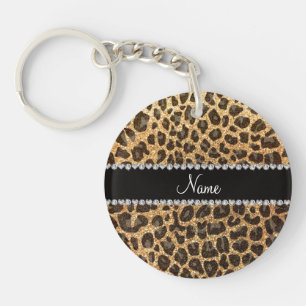 Custom name pastel yellow glitter leopard print key ring