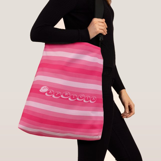 Custom Name Patricia Pink Stripes Striped Pattern Crossbody Bag (Close Up)