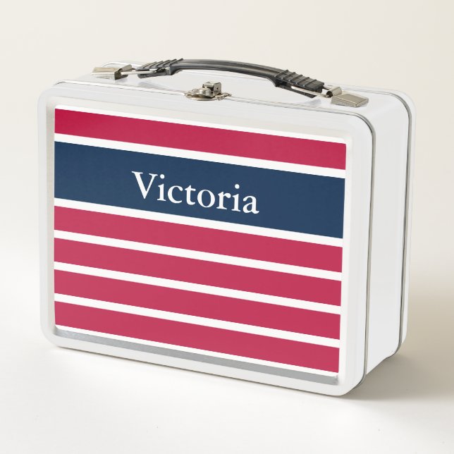 Custom Name Patriotic Red White and Blue Metal Lunch Box (Front)