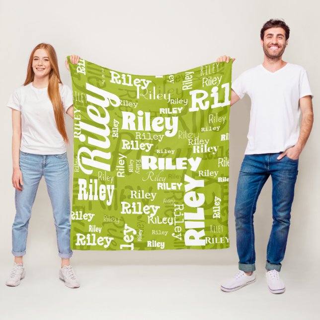 Custom Name Pattern Green and White Fleece Blanket (In Situ)