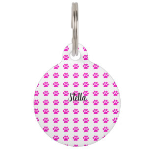 Custom Name Paw Prints Patterns Pink White Stylish Pet Tag