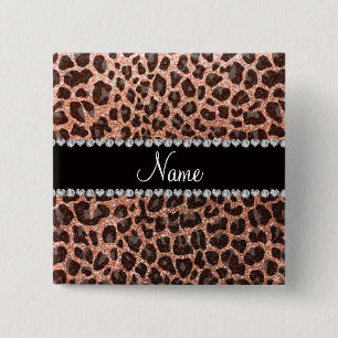 Custom name peach orange glitter leopard print 15 cm square badge