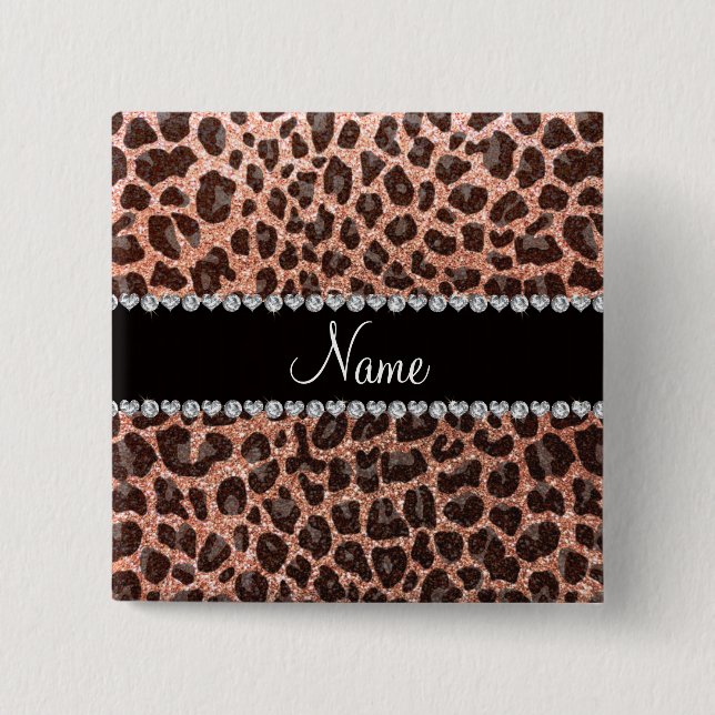 Custom name peach orange glitter leopard print 15 cm square badge (Front)
