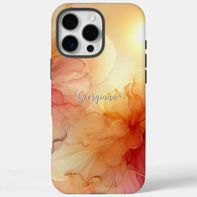 Custom Name Peach Raspberry Floral Alcohol Ink Art Case-Mate iPhone Case (Back)