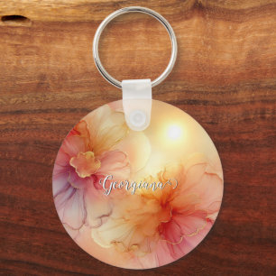 Custom Name Peach Raspberry Floral Alcohol Ink Art Key Ring