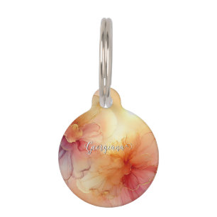 Custom Name Peach Raspberry Floral Alcohol Ink Art Pet Tag