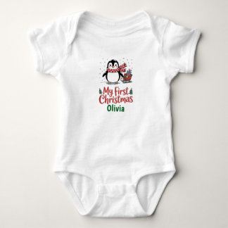 Custom Name Penguin First Christmas Design Baby Bodysuit
