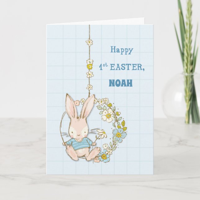 Custom Name Personalise First Easter Bunny Flower Card (Front)